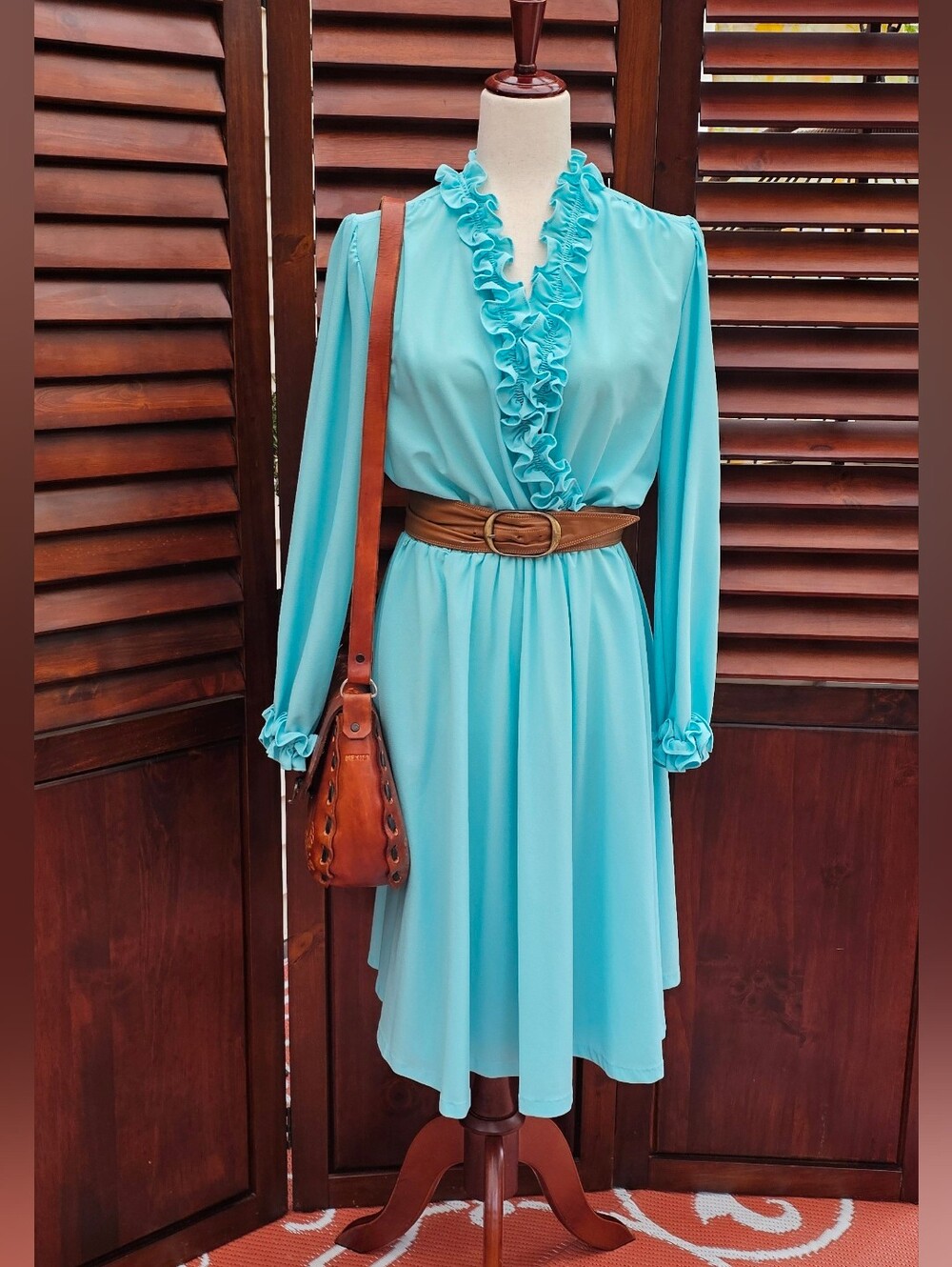 Vintage 1970s Anthony Richards Aqua Ruffle Dress